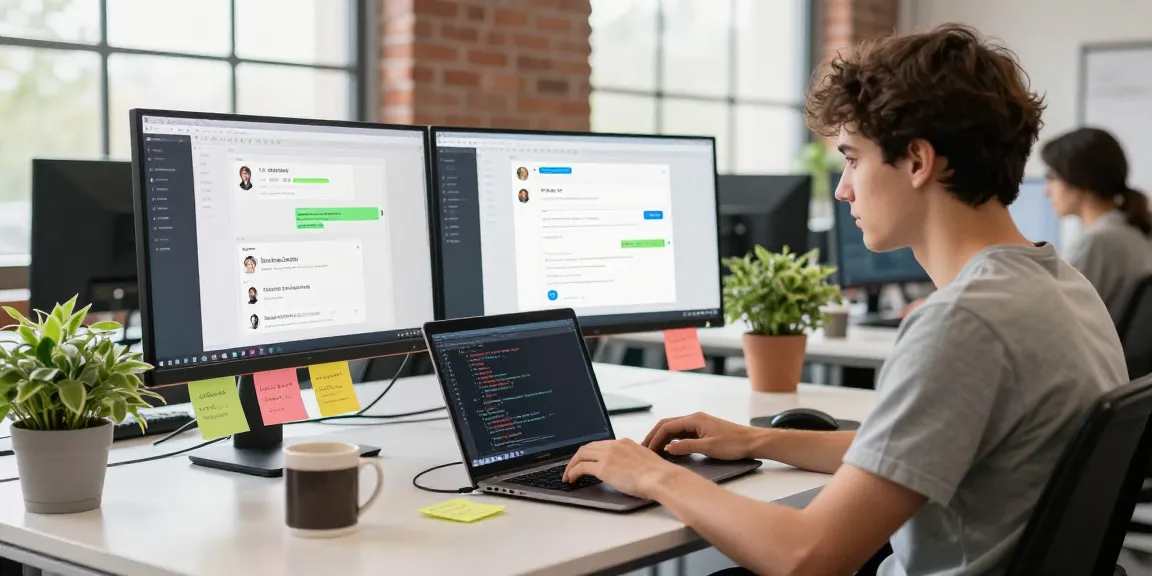 Workspace with a developer optimizing 纸飞机中文版 on multiple screens, showcasing a vibrant tech environment.