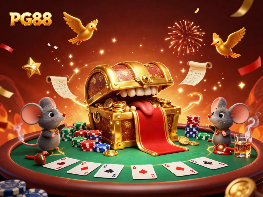 Engage with PG88's vibrant treasure chest and dynamic poker scene showcasing riches and excitement.