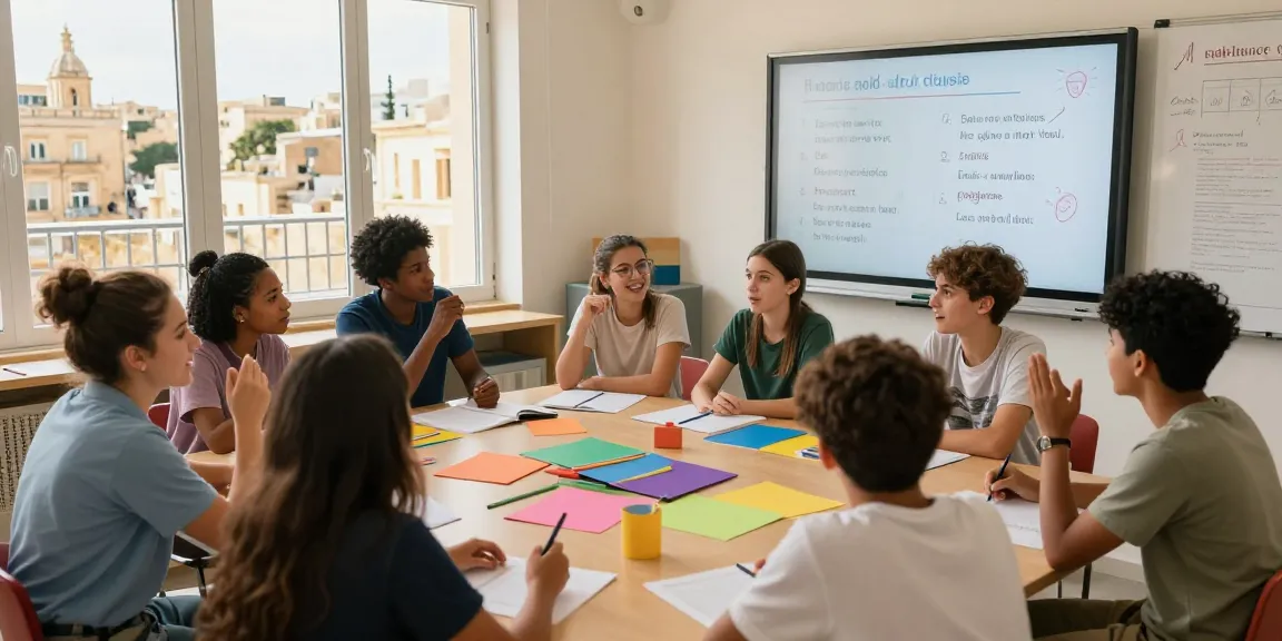 Angenehme Klassenraumerfahrung in Malta für Englischkurse in Malta, diverse Studierende engagiert im Lernen.