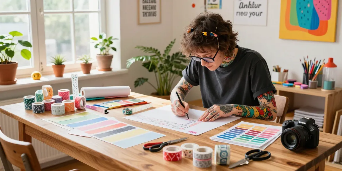 Custom washi tape designs on a colorful crafting table in a cozy studio
