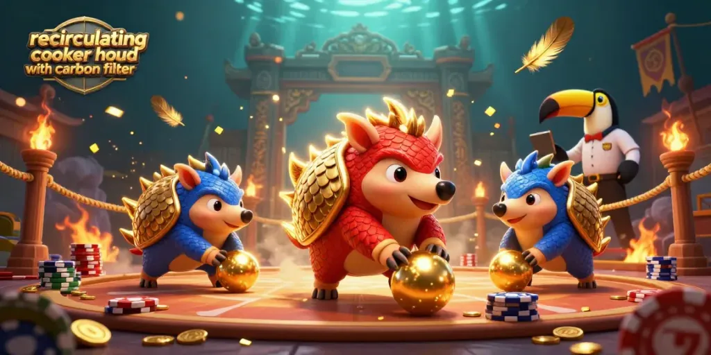Experience the excitement of a recirculating cooker hood with carbon filter as rival pangolins engage in a dynamic casino game.