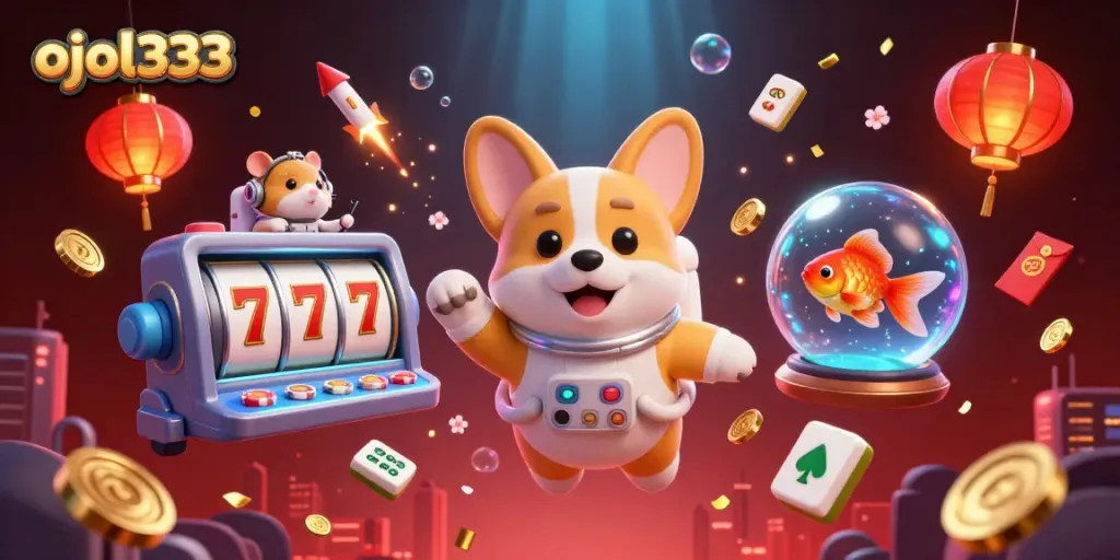Engage in thrilling gameplay with ojol333 in a vibrant casino scene featuring a cartoon corgi astronaut.
