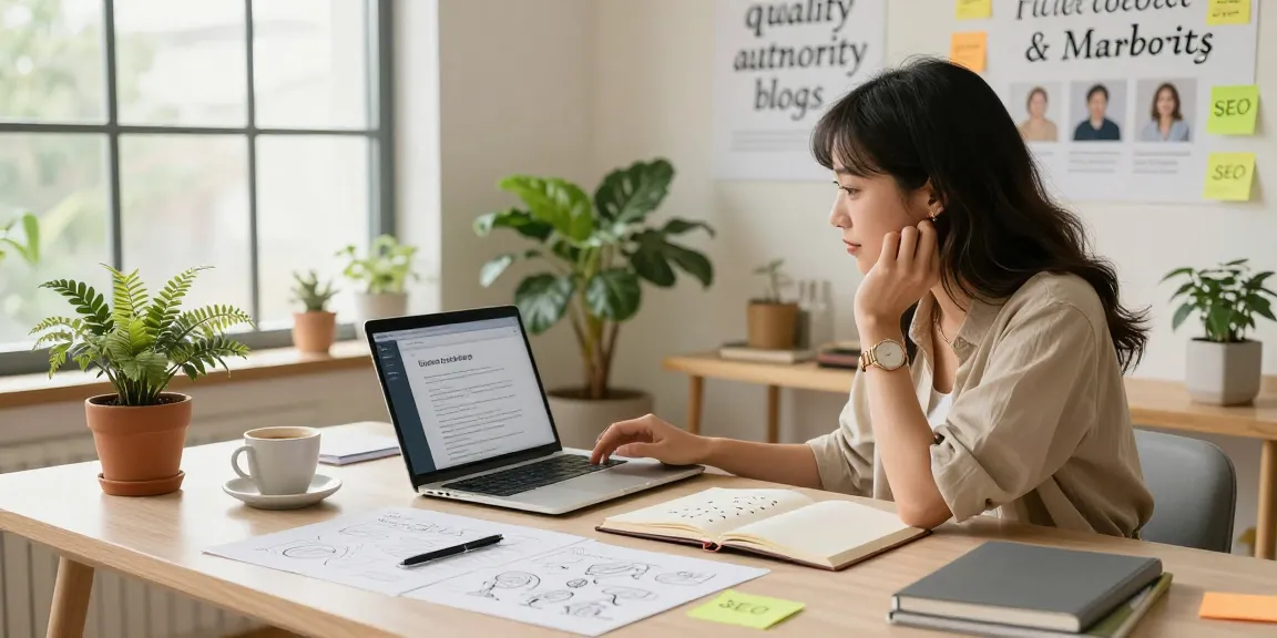 Creative workspace with content strategist drafting quality and authority blogs, showcasing productivity and inspiration.