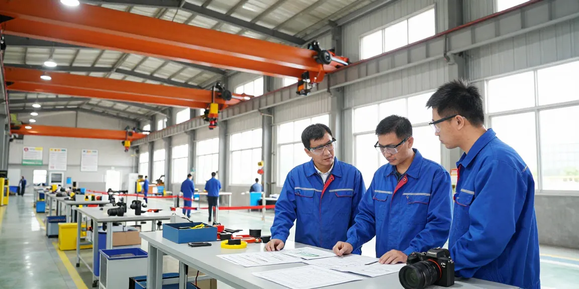 Technicians inspecting overhead crane designs, showcasing the expertise of an overhead crane manufacturer in a bright industrial workshop.