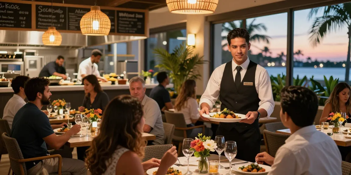 Restaurant management jobs in Florida featuring a manager overseeing a busy dining scene.