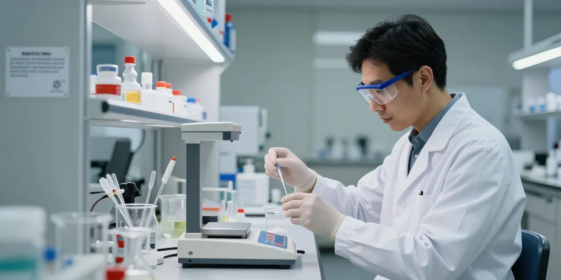 Buy 34-methylenedioxyphenyl-2-nitropropene powder in a professional laboratory setting emphasizing quality and safety during precise measurements.