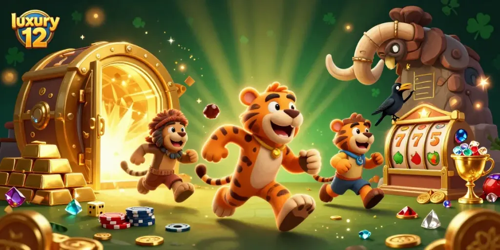 Permainan slot di luxury 12 dengan karakter gua, tiger sabertooth, dan burung cerdas.