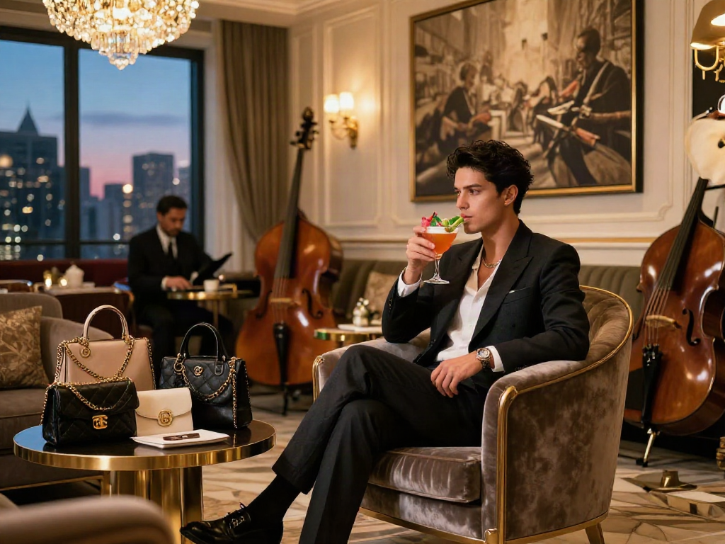 Meja elegan mewah dalam suasana lounge dengan elemen luxury111 dan dekorasi elegan.