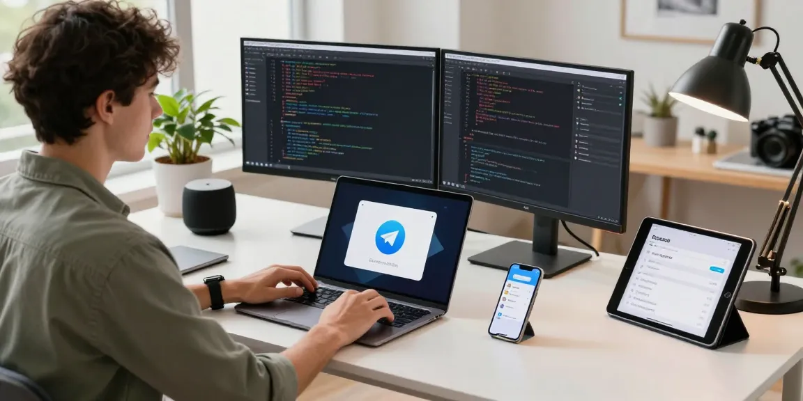 Young professional downloading telegram chinese version apk in modern tech workspace with dual monitors.