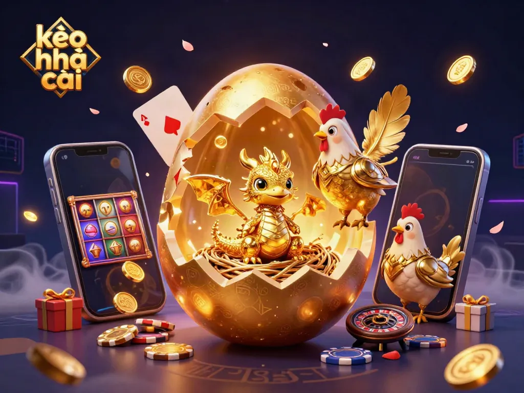 Engage with the kèo nhà cái scene showing a baby dragon in a nest of poker chips alongside a smartphone gaming experience.