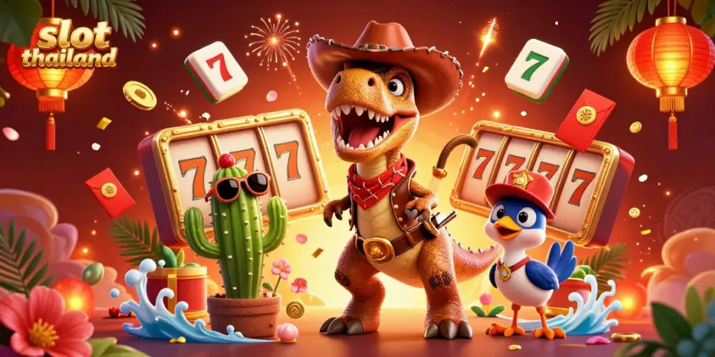 Spin and win in a colorful slot thailand carnival scene with vibrant characters.