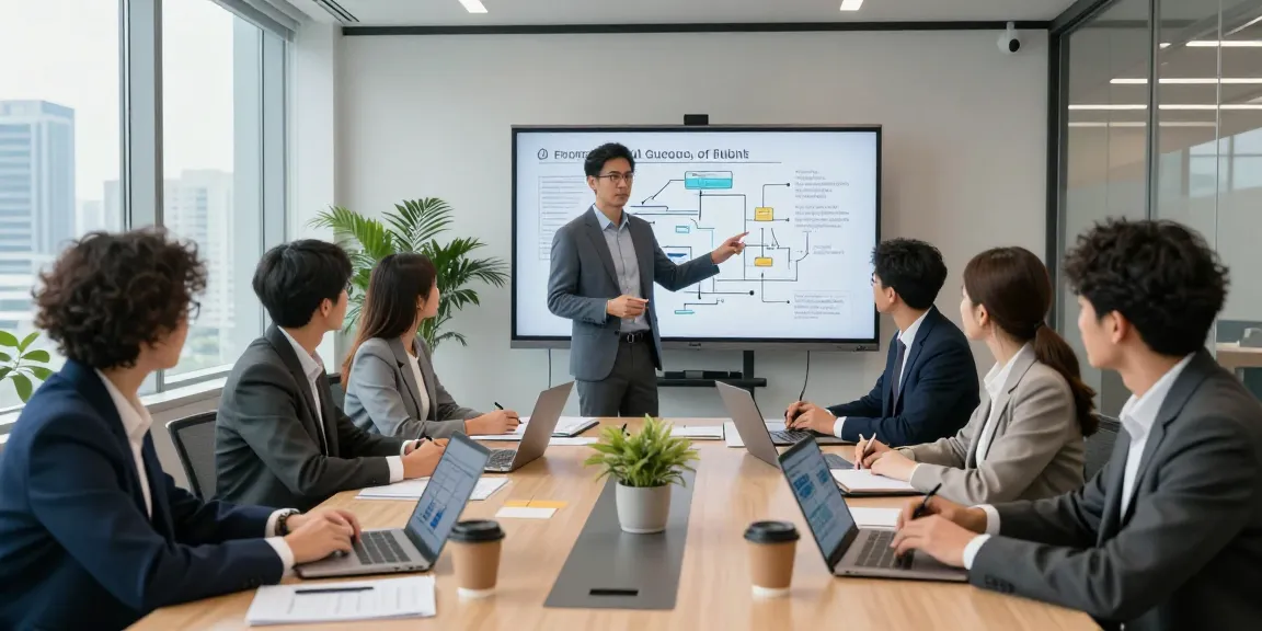How business uses AI for strategic planning with diverse team in modern office setting.