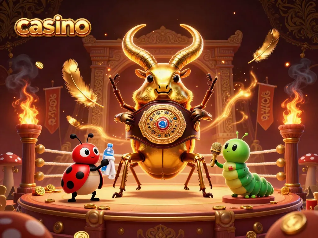 Experience thrilling casino games with a golden stag beetle champion in action, showcasing vibrant colors and dynamic elements.