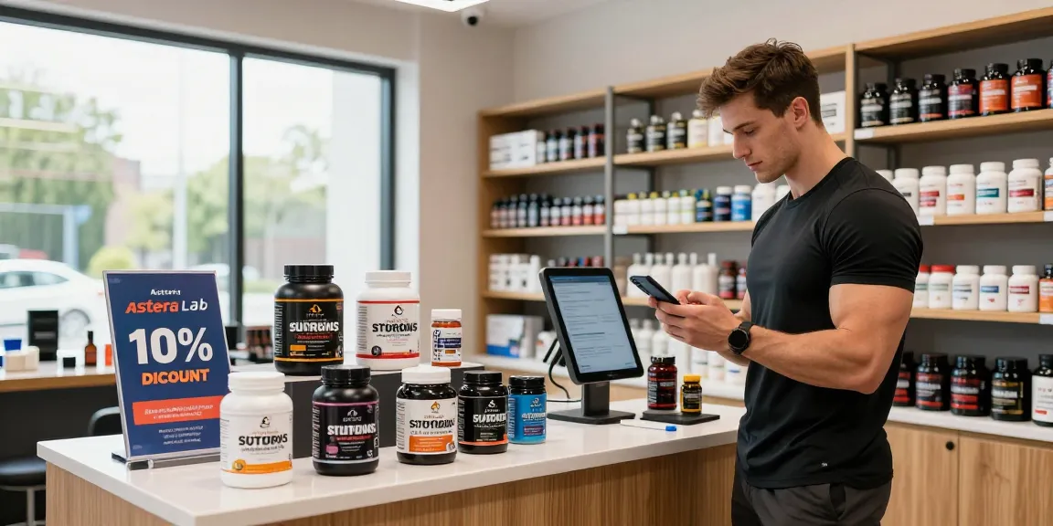 Customer exploring Astera Shop's range of lab-tested steroids and supplements in a vibrant, modern shopping environment.