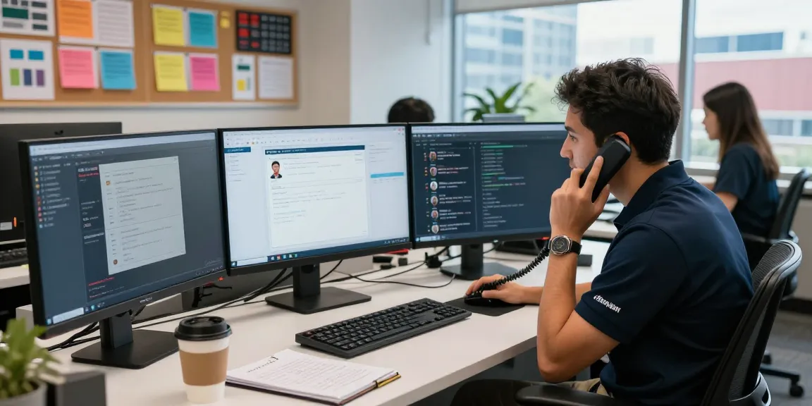 Telus-Technical-Support technician assisting a client in a busy office environment, showcasing efficient customer service.