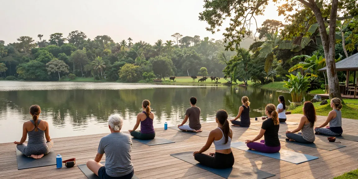 Participants practicing yoga at a serene yoga retreat Sri Lanka by Koggala Lake