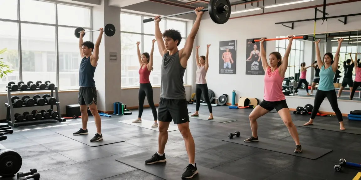 Dynamic fitness scene at Deus Medical Shop demonstrating strength training and yoga.