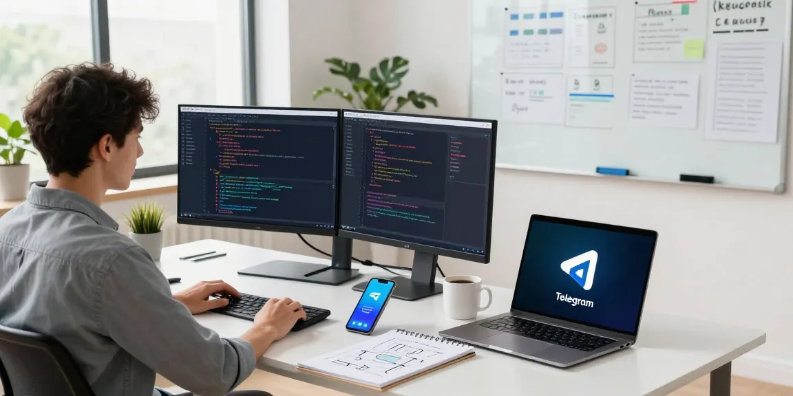 A developer coding the telegram chinese version apk in a modern workspace with dual monitors and a smartphone.