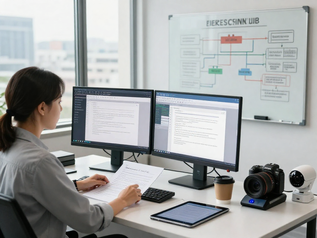 Data analyst using advanced document fraud detection software in a modern office.