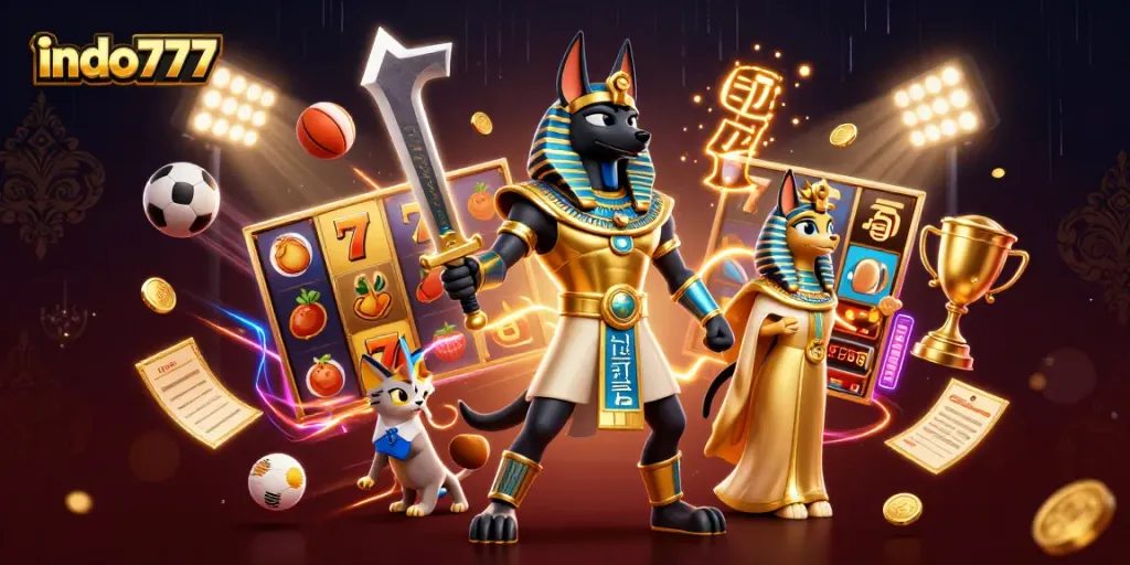 Gambarkan sensasi bermain di indo777 dengan karakter Anubis dan Bastet di dunia slot, dikelilingi elemen keberuntungan.