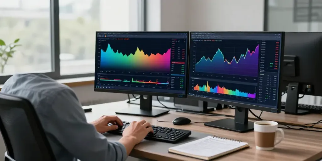 Trader reviewing financial data on tradingview官网 at a modern desk.