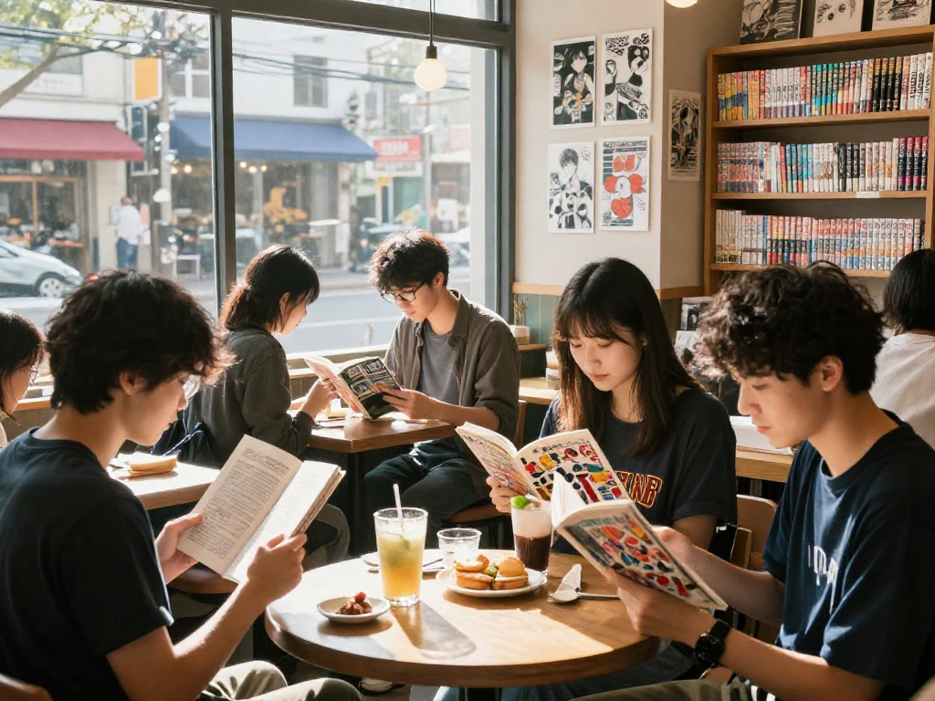 Readers at https://hitomi-mangaraw01.com/ enjoying manga culture in an inviting café.