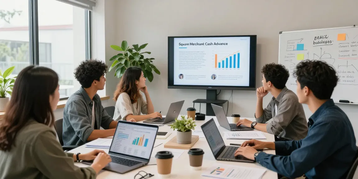 Entrepreneurs discussing benefits of Square merchant cash advance in a modern office