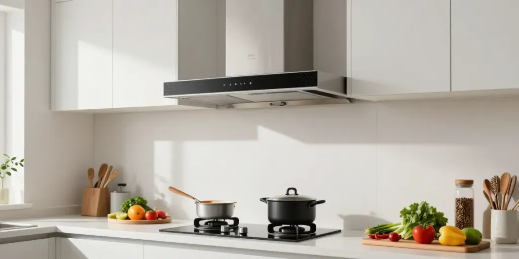 Stylish recirculating cooker hood with carbon filter in a modern kitchen, enhancing cooking ambiance.