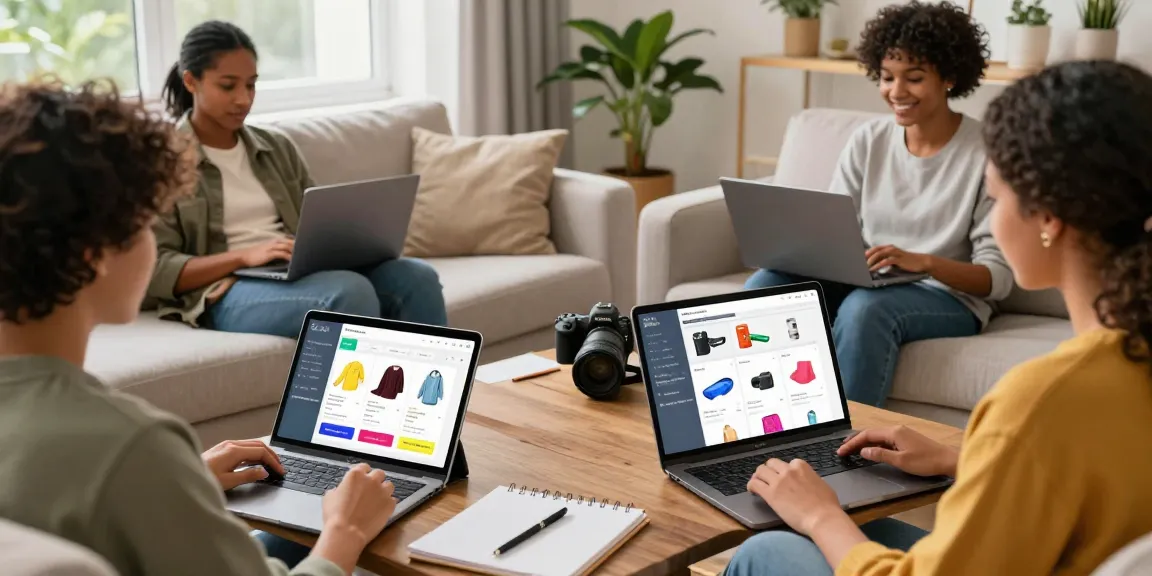 Engaging online shopping at a dumps shop with diverse customers browsing products.