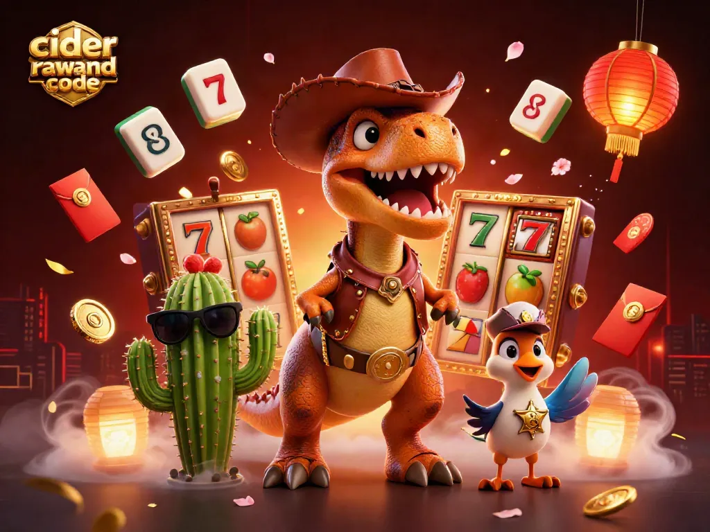 Cider casino reward code themed illustration with a T-Rex dinosaur, cactus sidekick, and roadrunner in a vibrant casino setting.