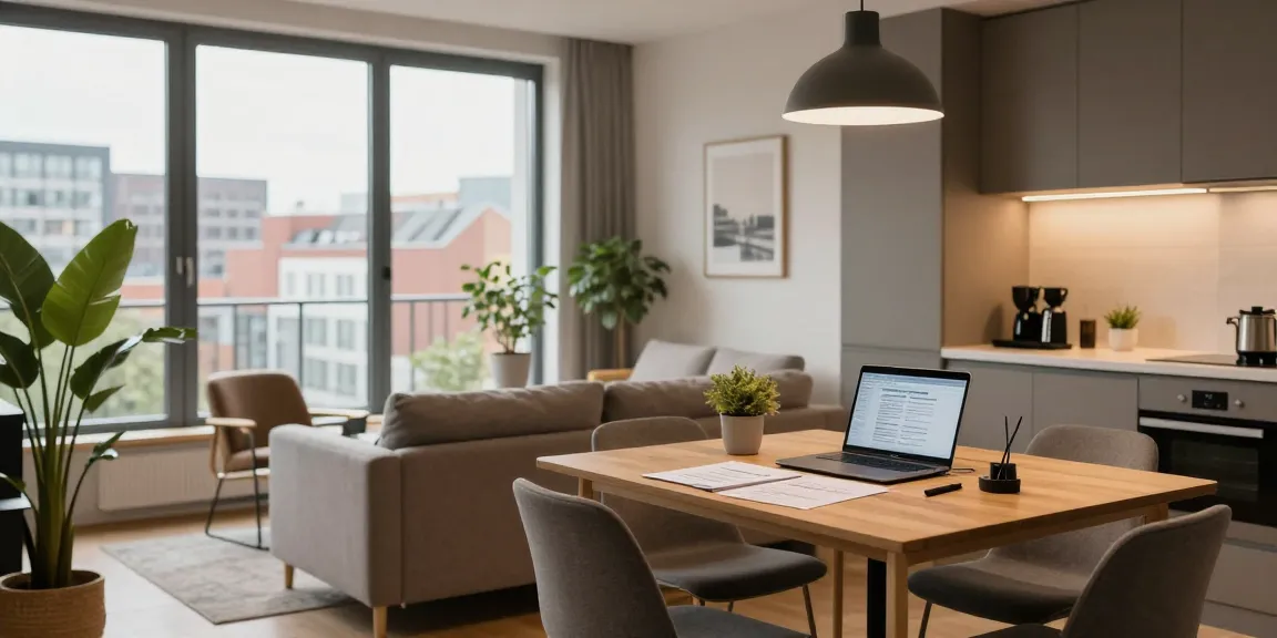 Monteurwohnung Hannover: Gemütliches modernes Apartment mit Arbeitsbereich und Stadblick.
