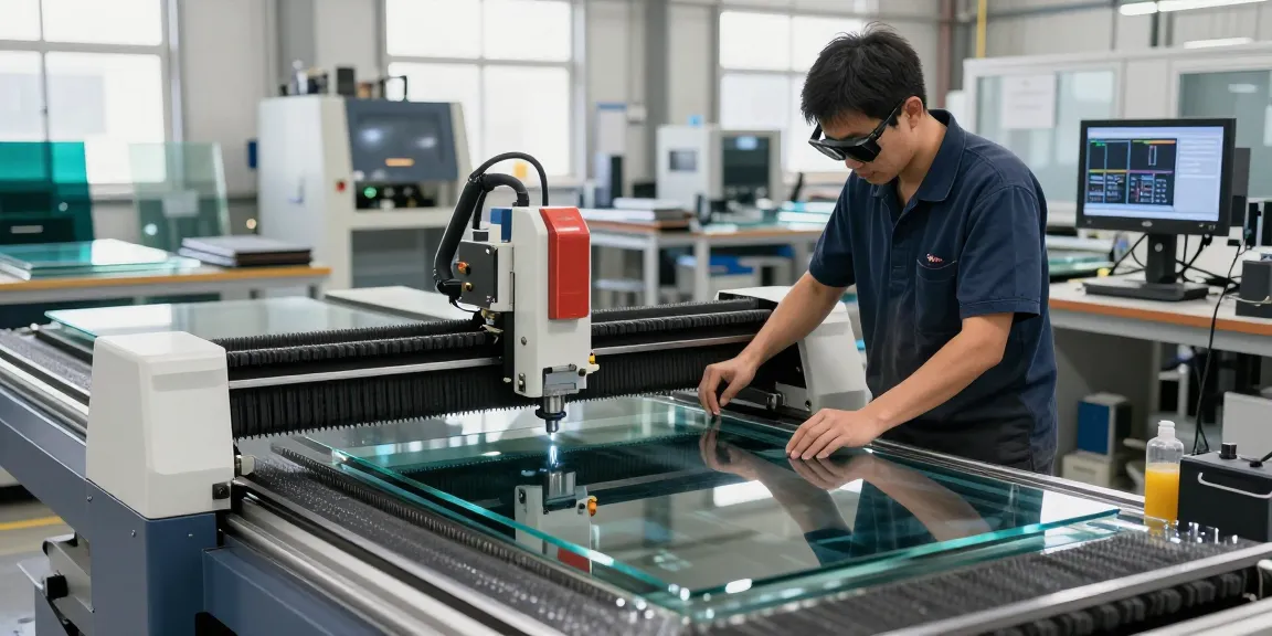 CNC glass cutting machine in operation, showcasing precise glass cutting process in a professional workshop.