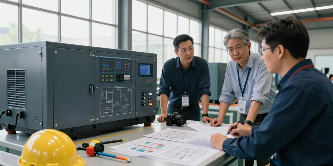 Engineers discussing industrial generator solutions at a manufacturing facility.