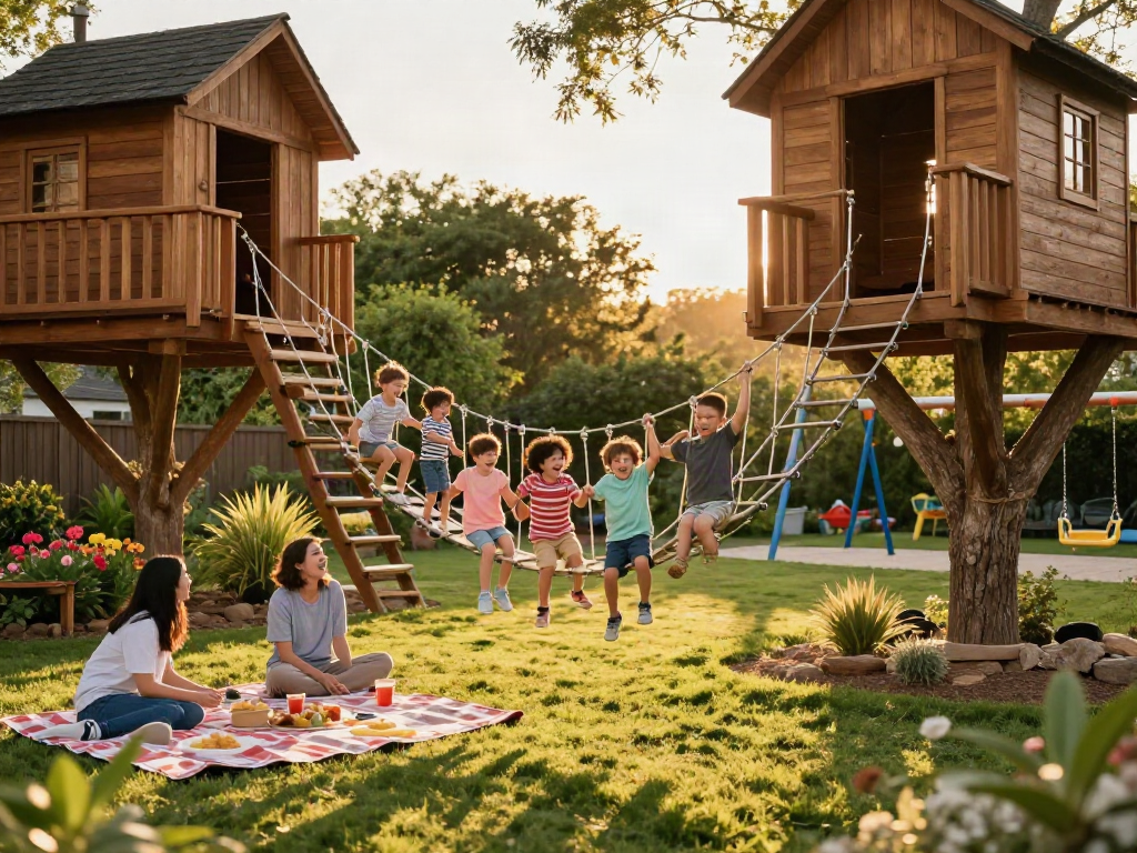 Family enjoying a rope bridge adventure connecting treehouses in a backyard.