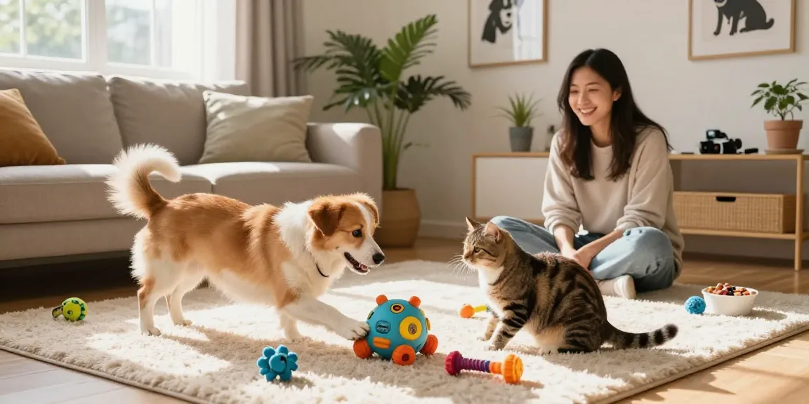Playful pets enjoying interactive NAGA2000 toy in cozy living room.
