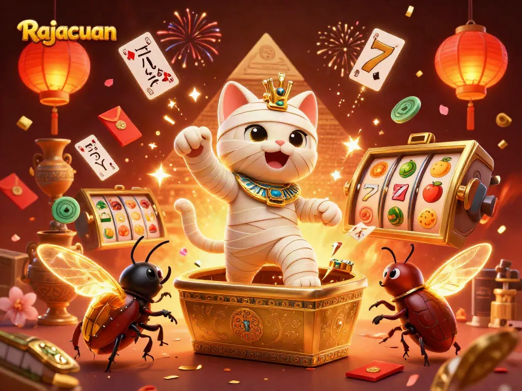 Join the excitement at Rajacuan with a vibrant 3D illustration of ancient games and lavish casino elements.