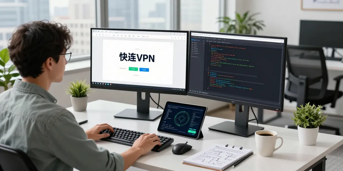 快连 VPN application interface on dual monitors in a modern tech workspace, showcasing a developer's focused environment.