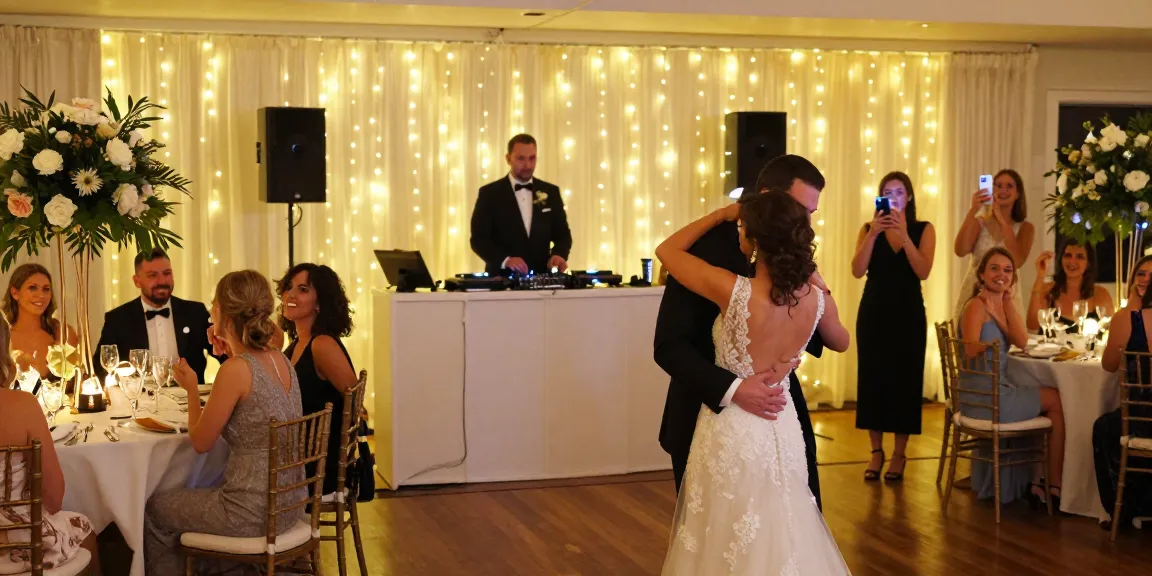 DJ für Hochzeit Berlin, fröhliche Gäste tanzen während romantischer Feier mit DJ im Hintergrund.