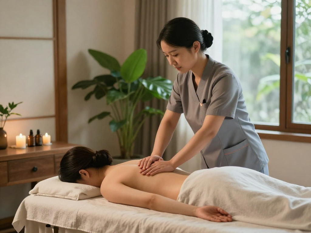 Experiencing 출장안마 in a hotel room with a professional therapist providing a calming massage, surrounded by essential oils and soft lighting.