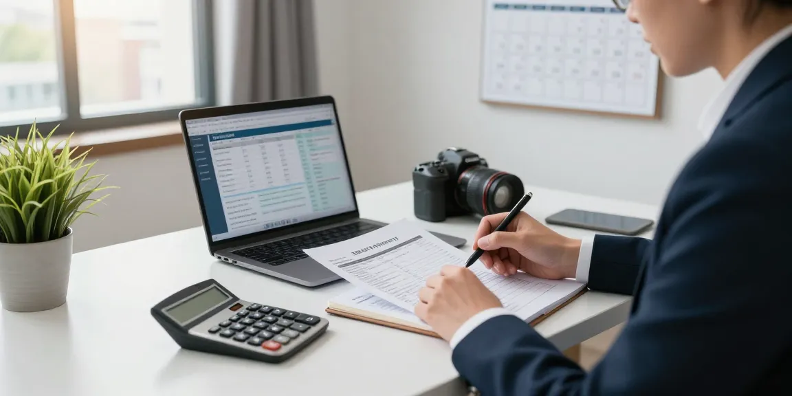 Accountant for rental property reviewing tax documents in a modern office.