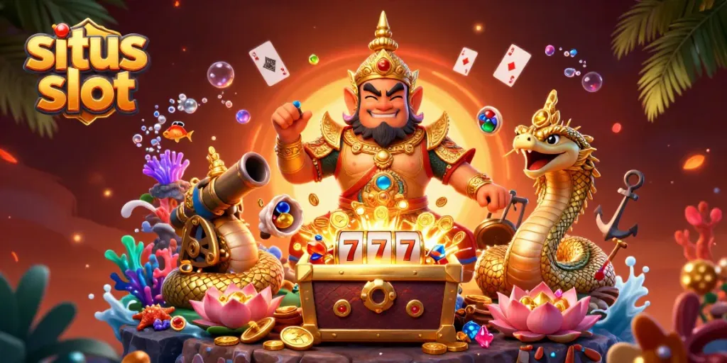 Menangkan pengalaman bermain situs slot dengan karakter penjaga kuil dan elemen kasino yang berwarna-warni.