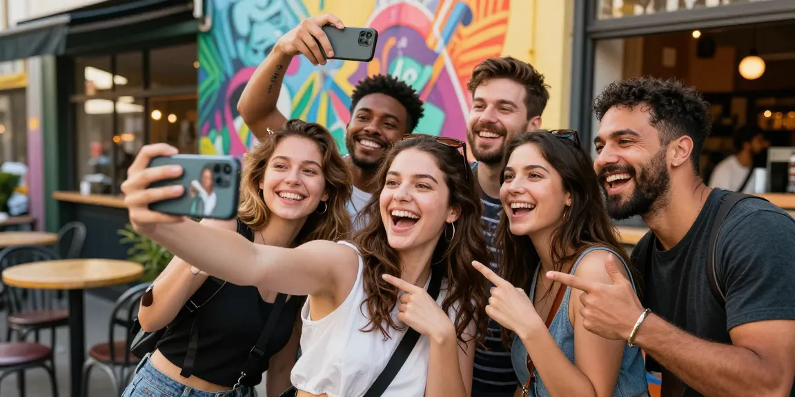 Friends comparing results of who they look like celebrities while taking selfies in an urban setting.