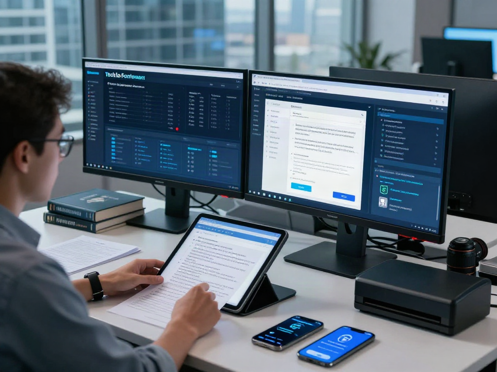 Professional analyst reviewing software for document fraud detection in a modern cybersecurity office.