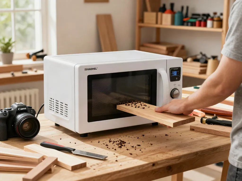 SHASHEL® microwave equipment eliminating wood-boring insects in a bright workshop.