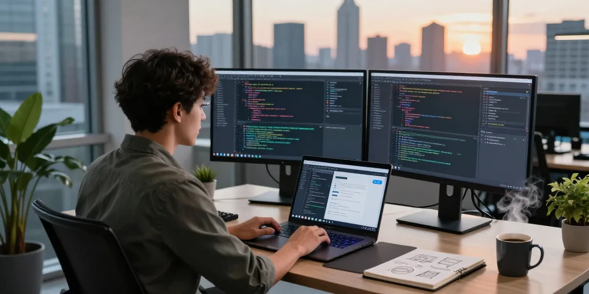 Focused software developer coding at workstation, representing teiegramin.com in a high-tech workspace.