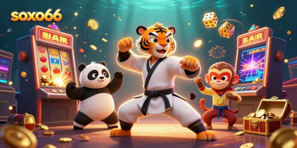 Experience the excitement of soxo66 with a lively 3D illustration featuring game elements and animated characters.