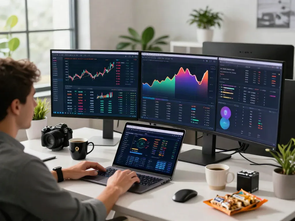 A professional trading office showcasing a cryptocurrency trading workspace with real-time stock market news API data, trading screens, and DeFi insights.