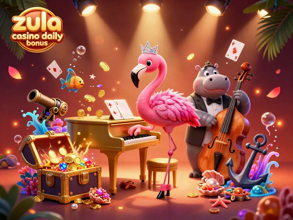Zula Casino daily bonus illustration shows vibrant characters enjoying games with gold coins and treasures scattered.