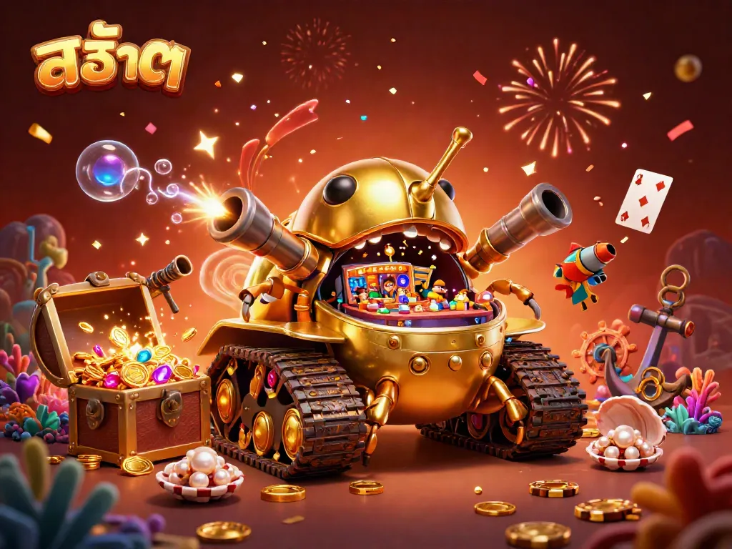 Engage with สล็อต excitement in a packed casino inside a golden beetle tank, bursting with coins and treasures.