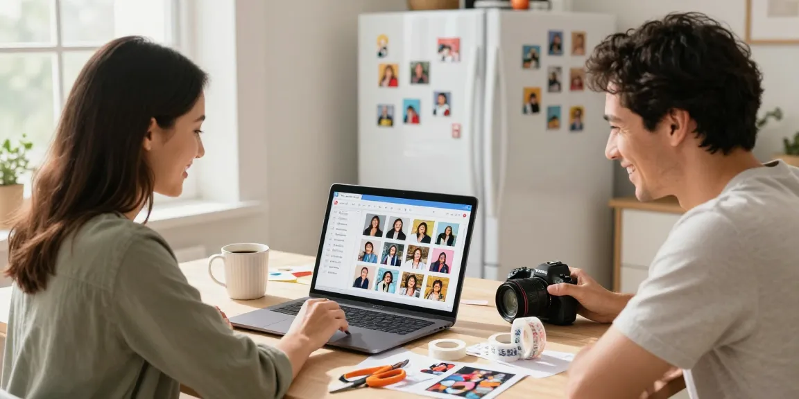 Creating custom photo magnets with a couple in a cozy home setting, showcasing vibrant prints and crafting tools.